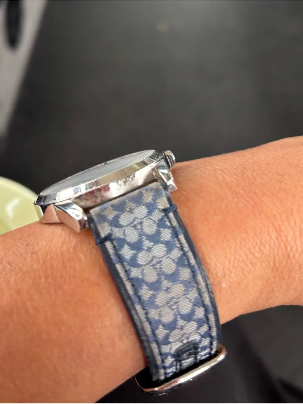 Coach women Silver Case Watch with Navy Signature Canvas Strap